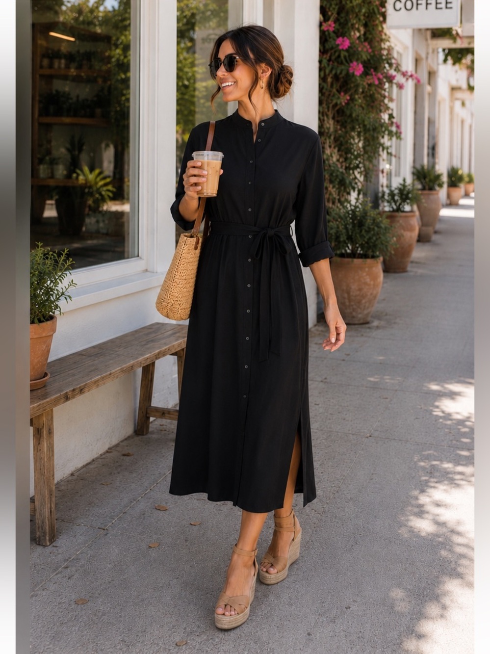NWOT Uniqlo Black Long-Sleeve Midi Shirt Dress with Waist Tie